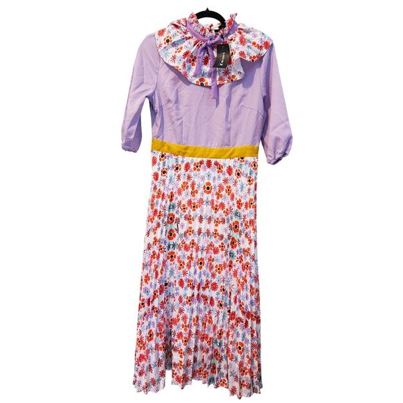 NWT Puff Sleeve Midi Dress Medium Floral Ruffle Collar Funky Eccentric Dopamine - Picture 2 of 7
